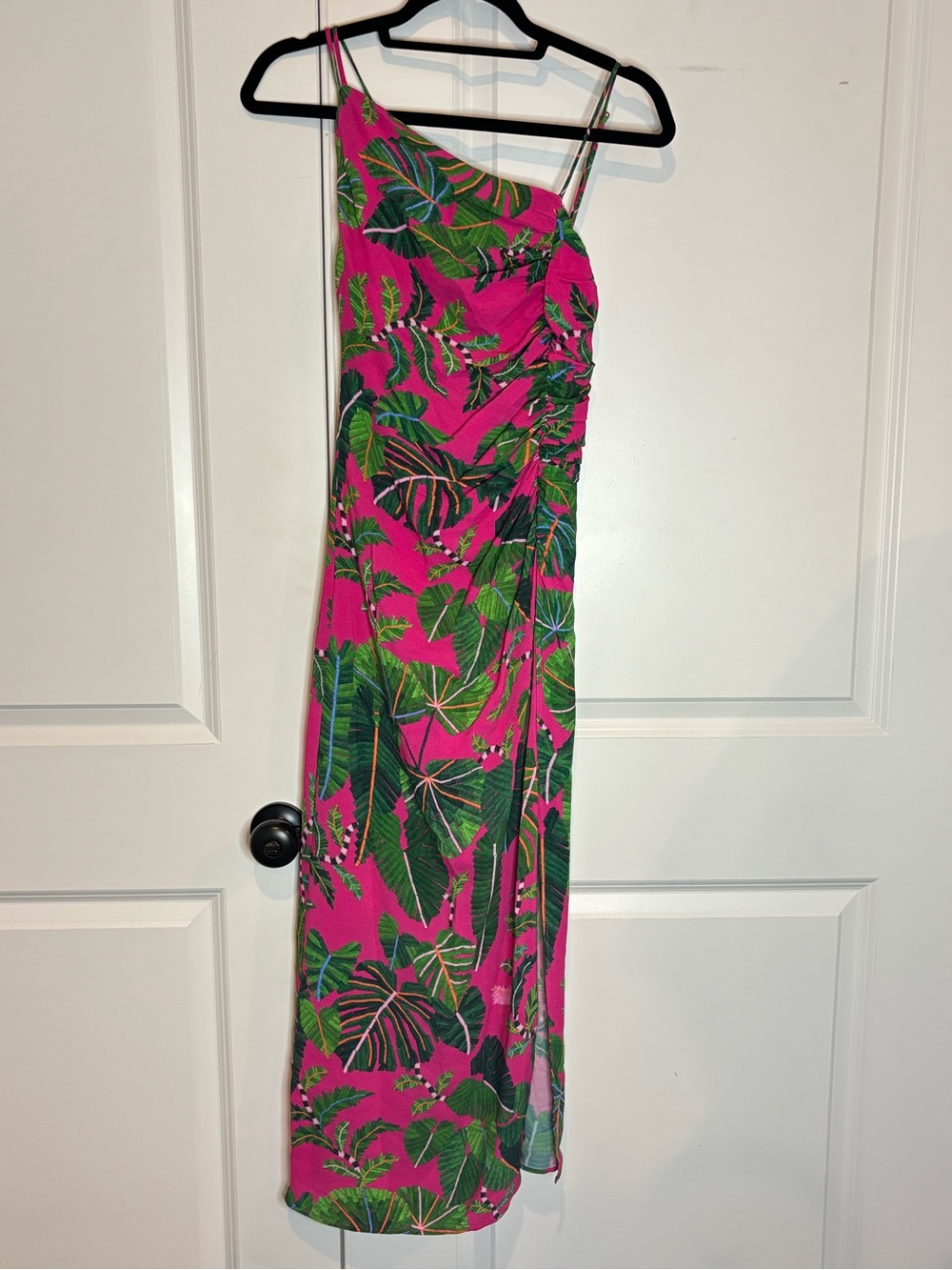 Farm Rio Pink Leave Asymmetric One Shoulder Strappy Back Ruched Slit Dress S - Picture 2 of 13